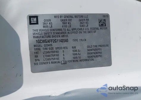 2016 Chevrolet Express 2500 Work Van z USA, uszkodzony, nr VIN 1GCWGAFF2G1142040